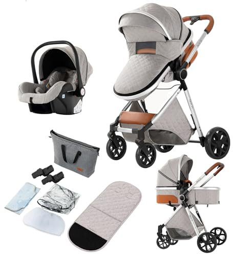 Reenborn Kinderwagen 3 in 1, Buggy mit Zwei Umkehrbaren Schiebemodi, Kinderwagen mit Rahmen Aluminiumlegierung, Kinderwagen 3 in 1 Komplettset mit Ein-Klick-Faltdesign Hohe Landschaft (V9 Light Grey)