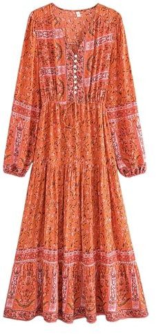 Niiyyjj Abito da donna viola con stampa floreale, stile bohémien, maxi abito con maniche a lanterna, scollo a V, stile bohémien, Arancione e rosso, M