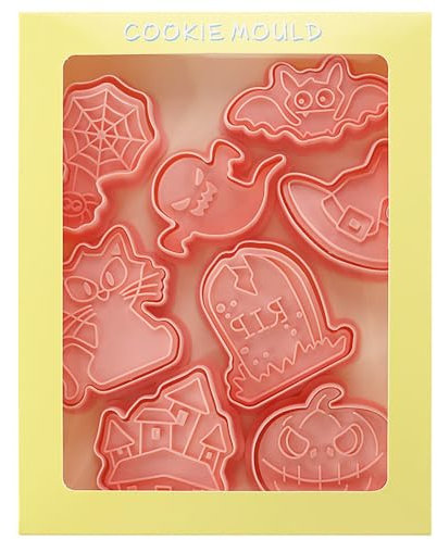 8 Pieces Halloween Cookie Cutters Set Halloween Biscuit Cutters Plastic Ghost Pumpkin Bat Cat Cookies Cutters for Baking, A