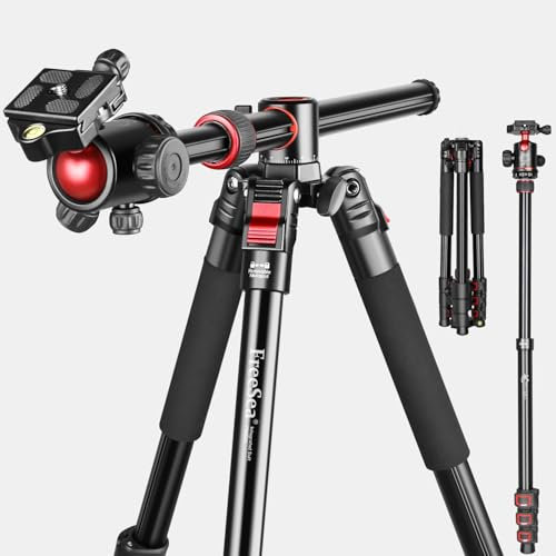 FreeSea Treppiede per fotocamera da 182,9 cm, colonna centrale trasversale in alluminio, treppiede DSLR con testa a sfera a 360 gradi, capacità di carico 15 kg, piastra a sgancio rapido, monopiede