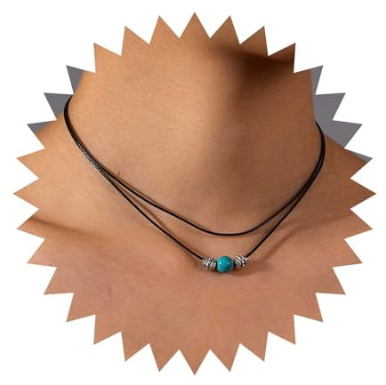 Dervivea Boho Layered Turquoise Choker Necklace Black Leather Collar Necklace Tribal Turquoise Necklace Turquoise Leather Necklace Adjustable Leather Cord Necklace Jewelry for Women