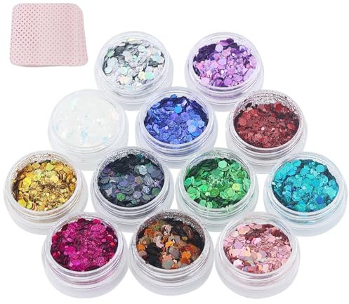 Chunky Holographic Glitter Set - 12 Colors Festival Powder with 50pcs Lint Free Wipes for Face, Body, Eye, Hair, Nail and DIY Art
