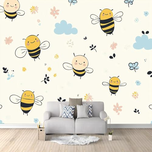 Abeille De Dessin Animé Nuages Beige Papier Peint Panoramique Beige Peinture Murale Papier Peint 3D Fresque Salon Chambre, 350x256 cm