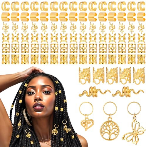 Nogeqi 100 Stück Dreadlocks Schmuck Metall, Flechtet Haar Schmuck, Piraten Haarschmuck Ringe Gold, Verstellbar Braids Haarringe Pirat Damen Für Zöpfe Hair Cuffs