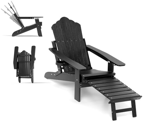 KOMFOTTEU Adirondack Stuhl mit Fußstütze & Getränkehalter, Klappstuhl mit Verstellbarer Rückenlehne, Gartenstuhl bis 180 kg, Holzstuhl für Garten, Strand, Pool
