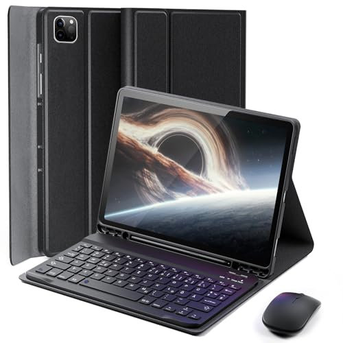 MicroTunk für iPad Pro 11 Zoll (4, 3, 2, 1 Generation-2022/2021/2020/2018) Hülle mit kabellose Bluetooth Deutsche Tastatur (QWERTZ) und Maus mit integriertem Stifthalter Keyboard case Schwarz