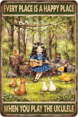 Retro-Metall-Blechschild, Vintage-Poster, Every Place Is A Happy Place When You Play The Ukulele, Ukulele, Home Decor Bar, Music Club, Man Cave Room Wall Decor 20,3 x 30,5 cm