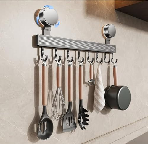 Kitchen Utensils Holder with 8 Hooks, Suction Cup Utensil Rack 40cm, No Drilling Removable Reusable Suction Hooks for Bathroom, Kitchen Rail with 8 Hanging Hooks (1Pcs)