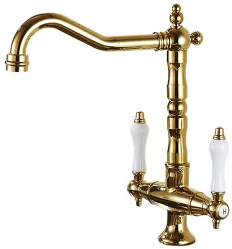 Antik Gold Küchenarmatur Retro Doppelgriff Badezimmer Spültischarmatur Hochdruck 360° Schwenkbar Messing Wasserhahn für Küche und Waschbecken Vintage Stil Wasserhahn
