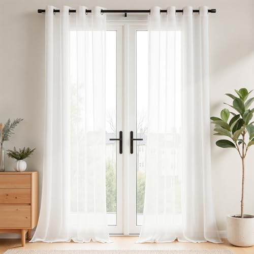Vangao Vorhänge mit Ösen Wohnzimmer Voile Modern 2er Set H 260x B140cm Weiß | Gardinen mit Ösen Weiss 260 cm lang, Wohnzimmer Schlafzimmer Kinderzimmer Fenster, Halbtransparent Lichtdurchlässig Curtains