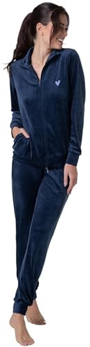 Lovable Completo Homewear in Ciniglia Morbida con Zip, Ricamo e Pantaloni con Coulisse | Abbigliamento Casa Invernale | Donna, Blu Scuro 2 - S