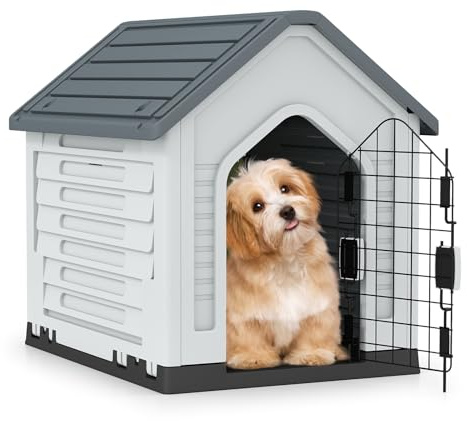 COSTWAY Hundehütte Outdoor, wetterfestes Hundehaus mit abschließbarer Metalltür, Belüftungsschlitzen, geneigtem Dach, Haustierhaus für kleine Hunde & Katzen, Hundekäfig für Indoor (Grau)