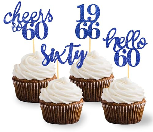 24 Stück Glitzer 60. Geburtstag Cupcake Topper | Blau Geburtstagsdeko von 1966 für 60 Geburtstagsfeier Zubehör Party Dekoration Kuchendekoration