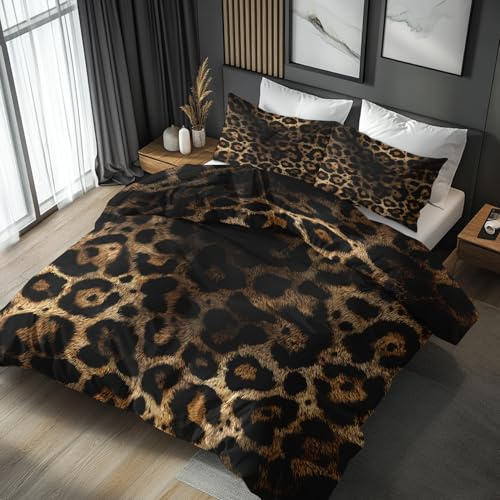 Generisch Bettwäsche 135x200 Leopardenmuster, Weiche Bügelfreie Mikrofaser Bettbezug Set 2tlg, Gepardenfell Muster Schlafzimmer Deko, 1 Kissenbezug 80x80, mit Reißverschluss IGT119