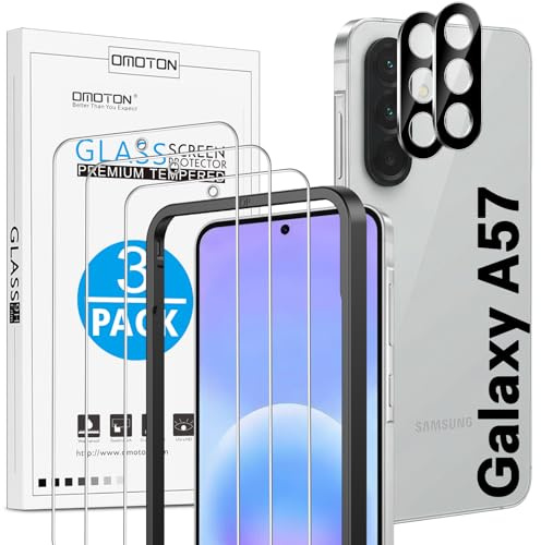 OMOTON für Samsung Galaxy A57 5G Panzer Schutz Glas mit Montagerahmen, 3 Stück Schutzfolie und 2 Stück Kameraschutz, Anti- Kratzer, Bläschenfrei, 9H Härte