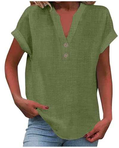 Nuoke Womens Summer Tops Casual Loose Linen T Shirt Ladies Short Sleeve V Neck Button Blouse Fashion Holiday Beach Tops