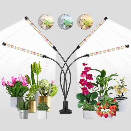 Czoumu Grow Lights for Indoor Plants, 4 Head Full Spectrum LED Clip Grow Light, 360° Adjustable Gooseneck, 6/12/16H Auto Timer, 10 Dimmable Levels & 3 Spectral Modes