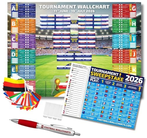 2026 World Tournament Wallchart Bundle – A2 Sized Stadium Glow Style Tournament Tracker with Flags, Sweepstake, Pen & Hanging Kit (42 x 59.4 cm)