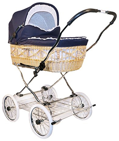 EICHHORN Kinderwagen Weidenkorb - Kinderwagen aus echter Weide, handgeflochten, Korb Natur, Stoff Marine