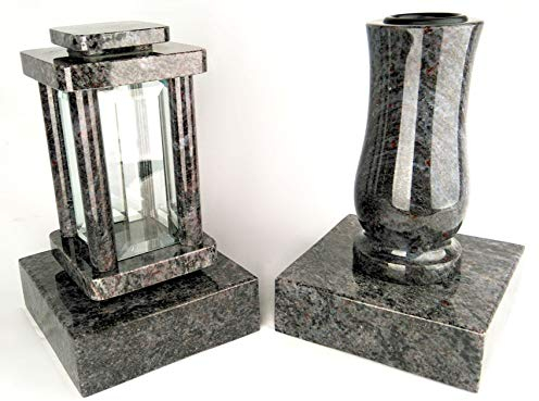 designgrab Modern Grablampe mit Vase und 2 Stück Sockel aus Granit Orion, Grabschmuckset