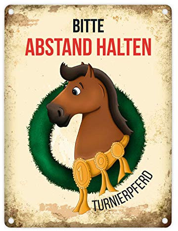 Metallschild mit Turnierpferd Motiv für Pferdeanhänger - Abstand halten