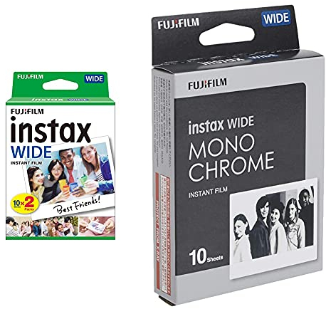 Fujifilm Film - 16385995 - Instax Wide 99 x 62 mm - Compatible Appareil Instax Wide Uniquement - Bipack 10 x 2 Films & Wide Pack de 10 Film Monochrome