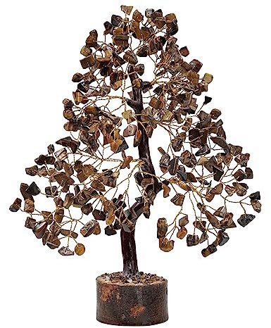 FASHIONZAADI Tiger Eye Gemstone Tree For Feng Shui Bonsai Reiki Healing Crystals Money Trees Chakra Balancing Stone Good Luck Crystal Home Decoration Table showpiece size 10-12 inch (Golden Wire)