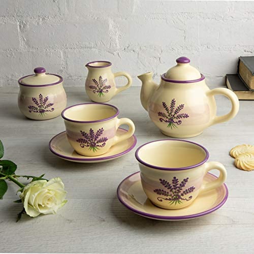 City to Cottage® Set da tè con Teiera, Bricco del Latte, Zuccheriera e 2 Tazze con Piattino | Fatto a Mano in Ceramica | Fantasia Lavanda Viola e Crema