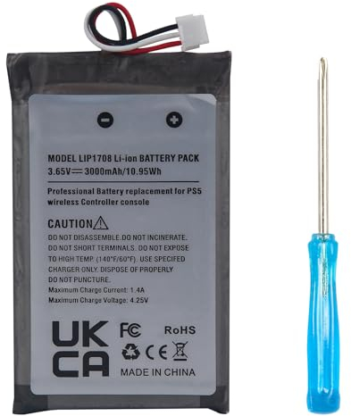 FLSTOR Batteria per Playstation 5 Dualsense Controller LIP1708 agli ioni di litio, compatibile con PS5 Wireless Controller CFI-ZCT1 W B U, 3000 mAh, 3.65 V