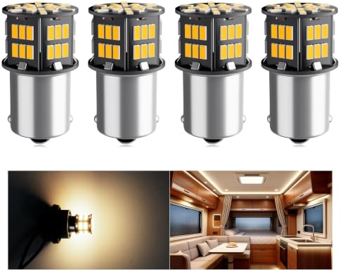 Defvnsy 382 P21W LED Bulb 1156 BA15S 12V RV Interior Lighting, Pack of 4 | Warm White 3000K, 3014 54SMD for 1141 1003 1073 7506. For Car RV Camper Boat Yard Interior Lighting Backup Tail Bulb