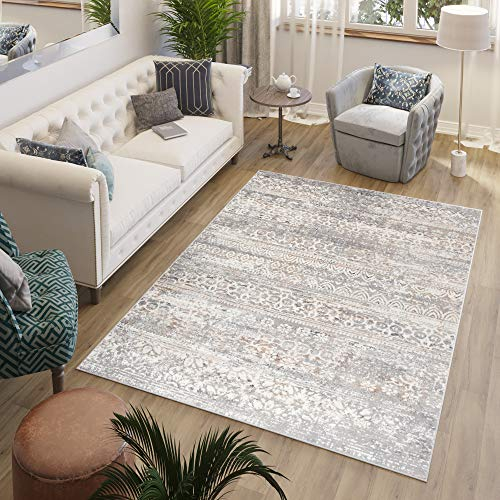 TAPISO Valley Teppich Kurzflor Grau Weiß Vintage Boho Design Blumen Used Effekt Meliert Verwischt Wohnzimmer Schlafzimmer ÖKO-TEX 200 x 300 cm