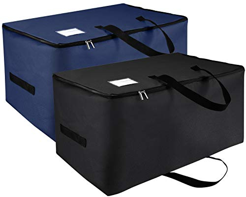IHOMAGIC 2 Stück Große Aufbewahrungstasche, Kleiderständer Unterbettkommoden Faltbare Aufbewahrungsboxen mit Griffe und Transparente Etikettentasche, für Bettzeug 70x42x35cm, 100L (Schwarz/Dunkeblau)