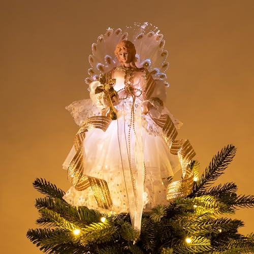 Valery Madelyn 12 Zoll /32cm Weihnachtsengel Weihnachtsbaumspitze Weihnahctdekorationen Engel Christbaumspitze mit 10 batteriebetrieben warmen LED-Lichtern (Batterien sind Nicht enthalten) Weiß Golde