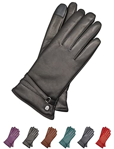 AKAROA ESTD 2019 Lederhandschuhe Damen ISA2, Touchscreen Funktion, italienisches Leder, recyceltes Strickfutter aus 50% Kaschmir und 50% Wolle, 4 Größen S - XL, schwarz, L - 8