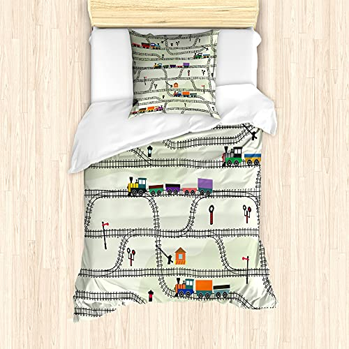 ABAKUHAUS Eisenbahn Bettbezug Set für Einzelbetten, Straßen Trains Lokomotiven, Milbensicher Allergiker geeignet mit Kissenbezug, 135 cm x 200 cm - 80 x 80 cm, Mehrfarbig