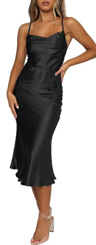 UTNISAN Robe de soirée mi-longue à col bénitier et bretelles spaghetti en satin pour femme, noir, Taille M