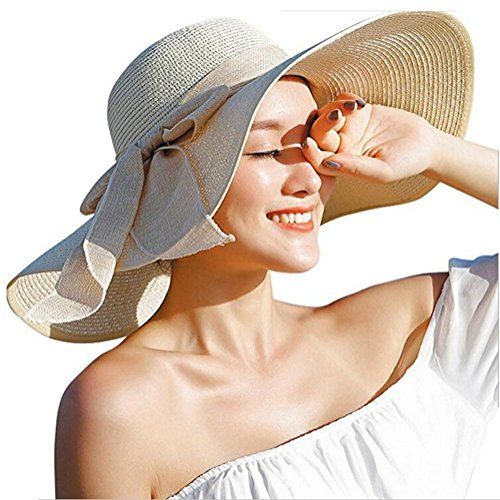Sombrero de paja grande para mujer, con diseño de lazo grande, plegable, para playa, sombrero de sol, sombrero de paja de ala ancha, sombrero de ala grande, sombrero de verano (beige)