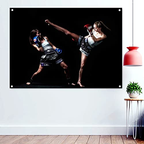 Tapetenbanner für Damen, Kickboxen, Muay Thai, Kampfsport-Poster, Workout, Sport, Flaggen, Fitnessstudio, Heimdekoration, 96 x 144 cm