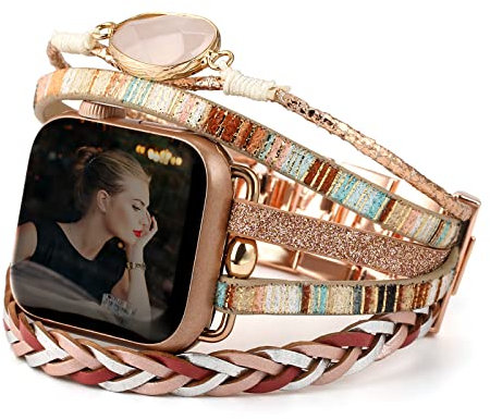 CHARMINGO – Bracelet de montre multicouche style bohème unisexe avec sangles en cuir, compatible avec Apple Watch 38 mm/40 mm/41 mm, Series 9/8/7/6/5/4/3/2/1/SE Ultra 2, or rose