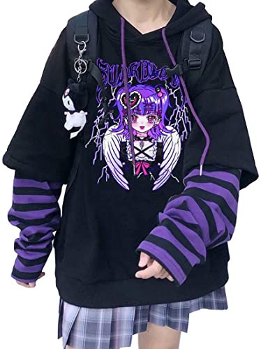 YINGKE Felpa con Cappuccio da Donna Giapponese Carino Kawaii Anime Ragazza Harajuku Stile Pullover Felpa (L,Viola5)