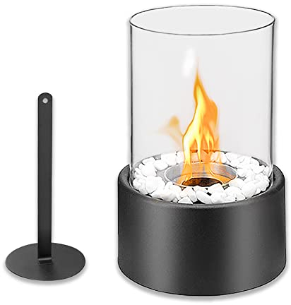 Froadp Ethanol Kamine Set Tragbare Bioethanol Tischkamin mit Glas, Stahl Base & Weiß Dekosteinen Ø16x27cm Rund Windlicht Terrassenofen Bio Ethanol Tischfeuer Deko für Innen & Außen (Type A)