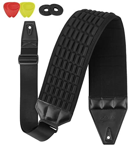 Amumu Airraft Bass- und Gitarrengurt 10,2 cm breit – 1,8 cm dicke, atmungsaktive konvexe 3D-Luftzellenkissen – Neoprenpolsterung – Oberseite aus Baumwoll-Leinen-Stoff – verstellbare Länge 111,8 cm – 1