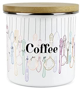 Purely Home Vintage Cutlery Coffee Storage Canister - White Metal Enamel Kitchen Food Storage Container