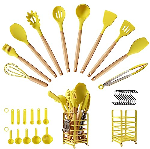 hecef Utensilios de Cocina de Silicona, 32 Piezas Utensilios de Cocina con Soporte de Acero Inoxidable, Set Utensilios de Cocina con Mango de Madera, Resistentes al Calor (Amarillo)