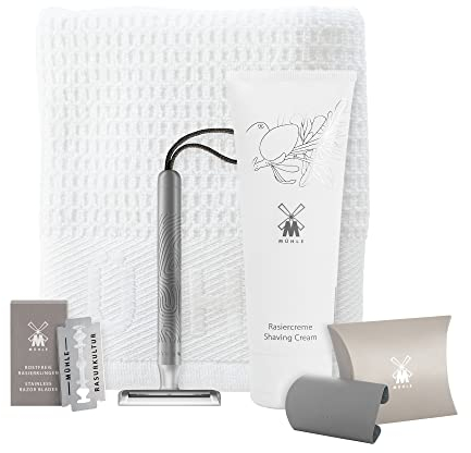 MÜHLE Companion Rasierset 5 tlg. - Unisex Sicherheitsrasierer mit blauer Kordel, Klinge, Creme, Tuch – vegan, nachhaltig