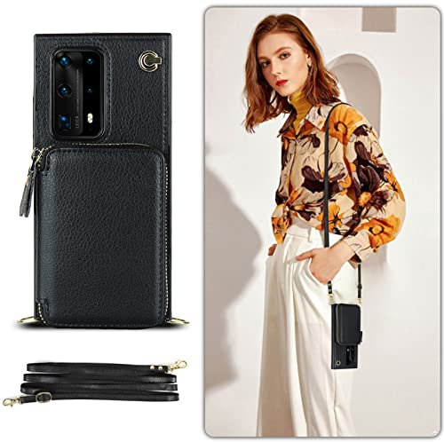 SINQERISHT Handykette Hülle für Huawei P30 Pro Wallet Handyhülle PU Leder mit Reißverschluss Kartenfach Ständer Handytasche TPU Bumper Case mit Kordel Kette Schutzhülle Cover(Schwarz)