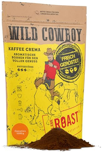 Blank Roast - Wild Cowboy Kaffee - gemahlen für Filter - 1kg - mit Hickoryholz geröstet - Gemahlene Kaffeebohnen aus Brasilien & Uganda - 100% Arabica-Blend mit schokoladigen Nuancen - säurearm