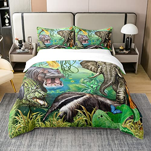 100% Baumwolle Dschungel Tiere Bettbezug 200x200,Krokodil Hippo Elefant Tiger Bettwäsche Set,Afrikanische Safari Tier Gedruckt Tröster Abdeckung für Kinder,Cartoon Zoo Theme Bett mit 2 Kissenbezüge