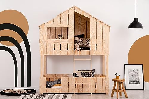 KidooCrafts Handgefertigtes Holzbett für Kleinkinder 90x190cm – Baumhaus-Etagenbett für Kleinkinder – Cottage-Bett – Etagenhütte – Spielhaus-Hochbett - Einzigartiges Hausdesign