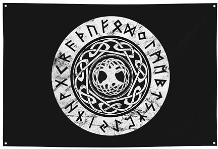 Dekoratives Haus Garten Hof Banner Weltbaum Wikinger nordische Mythologie Runen Druck Urlaub Willkommen Rasen hängende Dekoration Party Flagge Hintergrund 120 x 180 cm